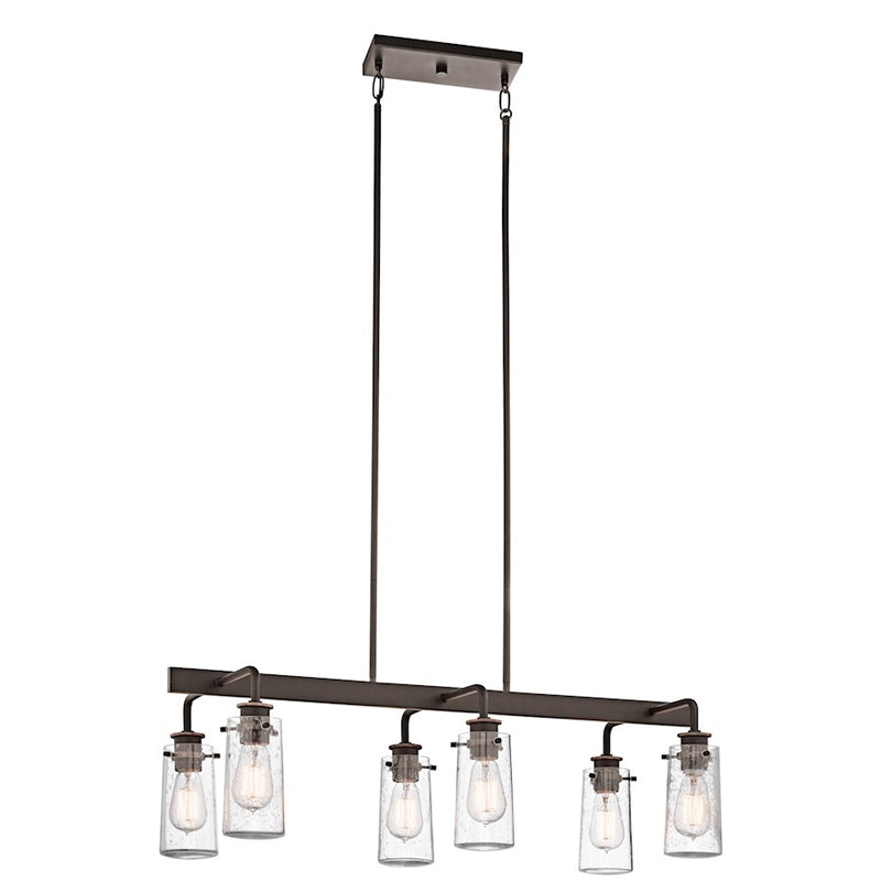 Kichler Braelyn 34in 6-Light Linear Chandelier | Industrial Olde Bronze and Clear Seeded Glass | Kitchen Island & Dining Room | Model 43059OZ