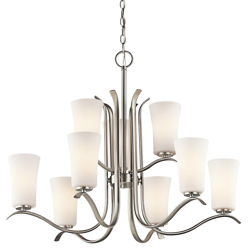 Kichler Armida 32in 9-Light Chandelier | Brushed Nickel and Satin Etched White Glass | Dining Room & Living Room | 32 x 26 in | Model 43075NI