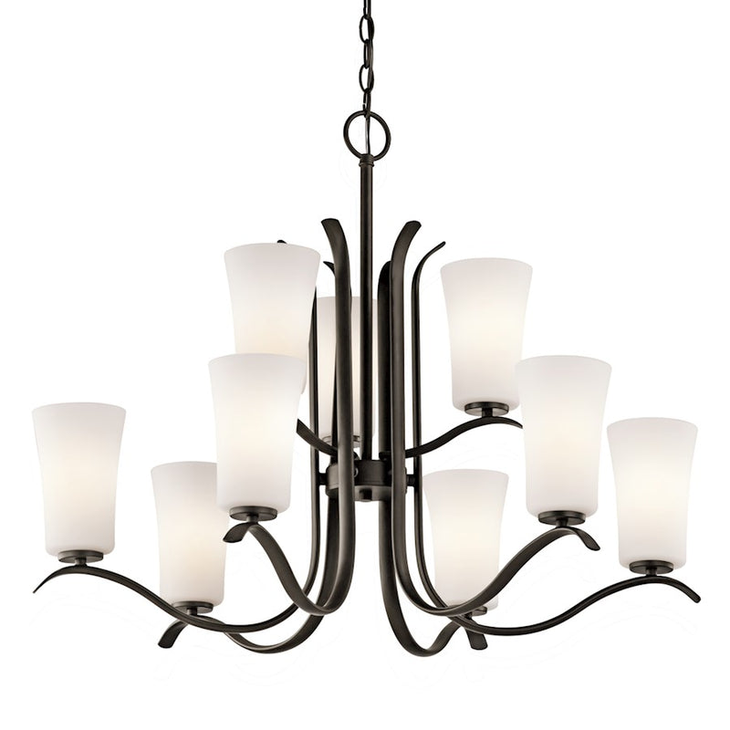 Kichler Armida 32in 9-Light 2-Tier Chandelier | Olde Bronze and Satin Etched White Glass | Dining Room & Living Room | 32 x 32 x 26 in | Model 43075OZ