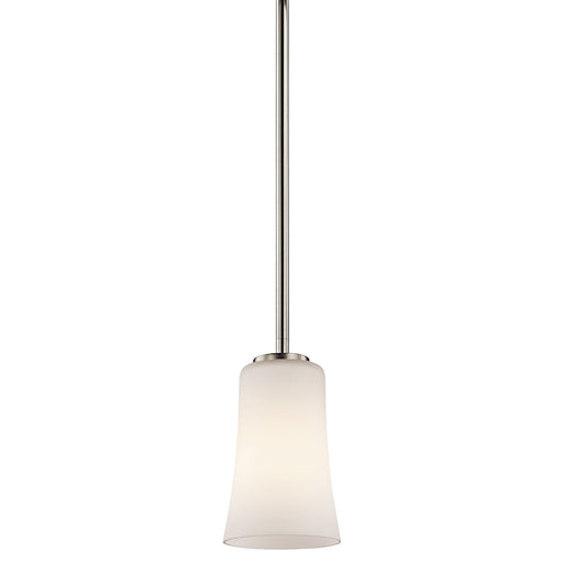 Kichler Armida 5in 1-Light Mini Pendant | Contemporary Brushed Nickel and Satin Etched White Glass | Kitchen Island & Hallway | Model 43077NI