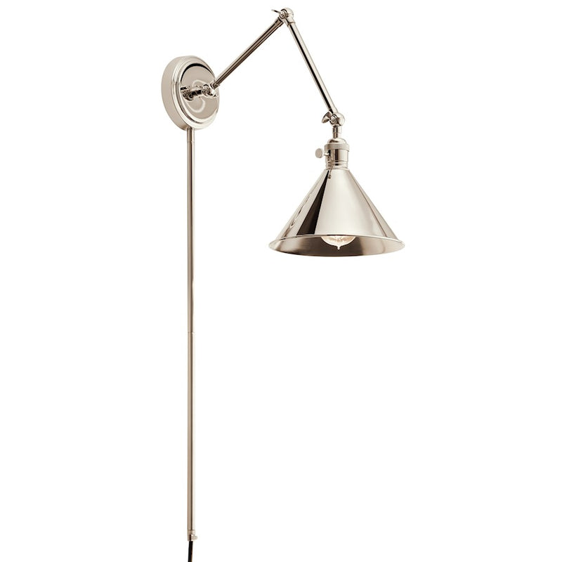 Kichler Ellerbeck 1-Light Wall Sconce | Schoolhouse Polished Nickel Steel | Bedroom & Hallway Accent | 8in W x 10in H | Model 43115PN