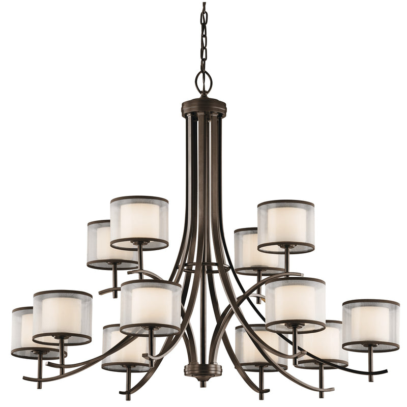 Kichler Tallie 42in 12-Light Chandelier | Transitional Mission Bronze and Light Umber Organza & Satin Etched White Glass | Dining | Model 43151MIZ