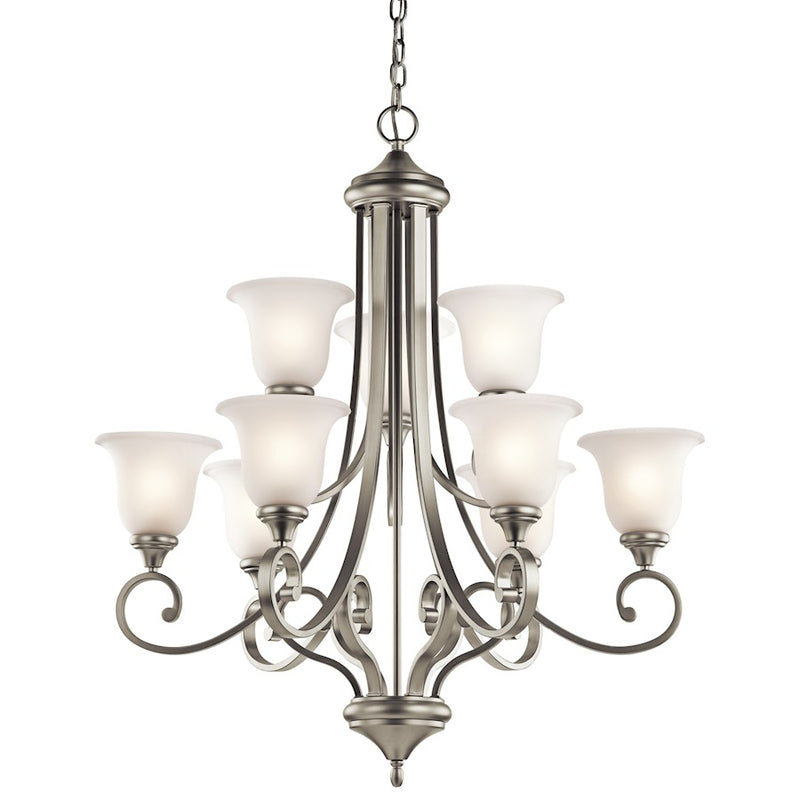 Kichler Monroe 9-Light Chandelier | Traditional Brushed Nickel and Satin Etched Glass | Dining Room & Foyer | 34 x 38 in | Model 43159NI