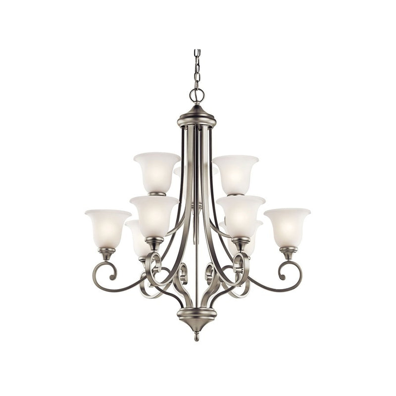 Kichler Monroe 33in 9-Light Chandelier | Brushed Nickel and Light Umber Etched Glass | Dining Room | 33 x 38 in | Model 43159NIL18