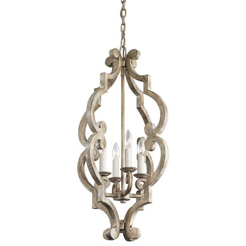 Kichler Hayman Bay 16in 4-Light Foyer Pendant | Lodge Distressed Antique White Wood | Entryway & Foyer | 16 x 16 x 30 in | Model 43255DAW