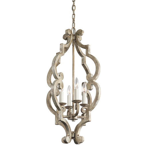 Kichler Hayman Bay 16in 4-Light Foyer Pendant | Lodge Distressed Antique White Wood | Entryway & Foyer | 16 x 16 x 30 in | Model 43255DAW