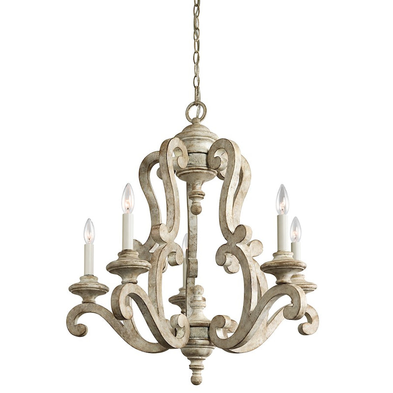 Kichler Hayman Bay 28in 5-Light Chandelier | Rustic Distressed Antique White Steel | Dining Room & Living Room | 28 x 29.75 in, 72in | Model 43256DAW