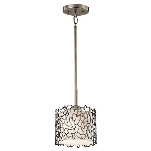 Kichler Silver Coral 7.25in 1-Light Mini Pendant | Transitional Classic Pewter and Satin Etched Opal Glass | Kitchen Island & Dining | Model 43349CLP