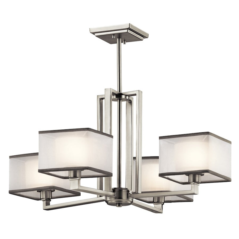 Kichler Kailey 25in 4-Light Chandelier | Brushed Nickel and White Organza with Gray Trim | Dining Room & Living Room | 25 x 13 in | Model 43438NI