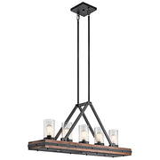 Kichler Colerne 46in 5-Light Linear Chandelier | Rustic Auburn Stained Wood and Clear Seeded Glass | Dining Room & Loft | Model 43491AUB