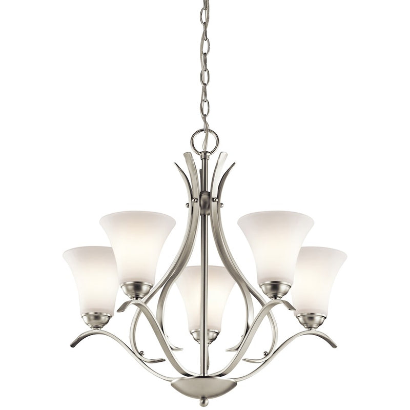 Kichler Keiran 24in 5-Light Chandelier | Transitional Brushed Nickel and Satin Etched White Glass | Dining Room & Living Room | Model 43504NI