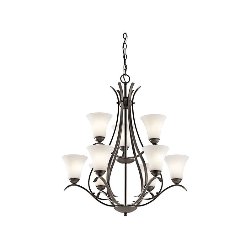 Kichler Keiran 29in 9-Light LED Chandelier | Traditional Olde Bronze and Satin Etched Glass | Dining Room & Foyer | 29 x 29 x 33 in | Model 43506OZL18