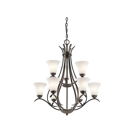Kichler Keiran 29in 9-Light LED Chandelier | Traditional Olde Bronze and Satin Etched Glass | Dining Room & Foyer | 29 x 29 x 33 in | Model 43506OZL18