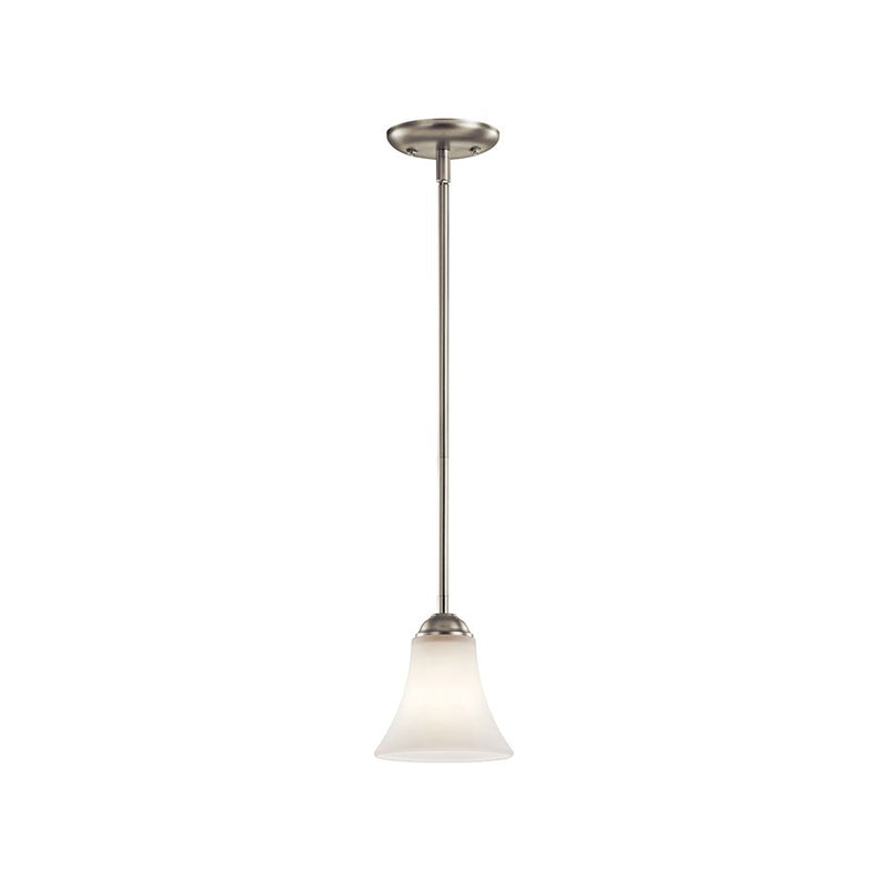 Kichler Keiran 6in 1-Light Mini Pendant | Traditional Brushed Nickel and Satin Etched Glass | Kitchen Island & Dining Room | Model 43511NIL18