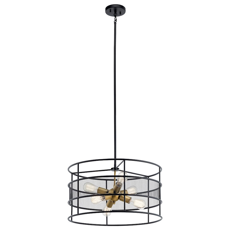 Kichler Piston 22in 6-Light Chandelier/Pendant | Industrial Black Steel Mesh Cage | Kitchen Island & Dining Room | 6 Bulbs | Model 43594BK