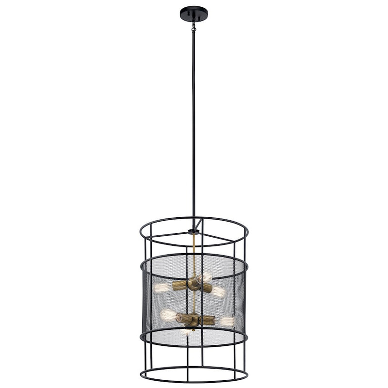 Kichler Piston 18in 6-Light Foyer Pendant | Industrial Black Steel and Brass | Entryway & Stairwell | 18 x 25 in | Model 43596BK