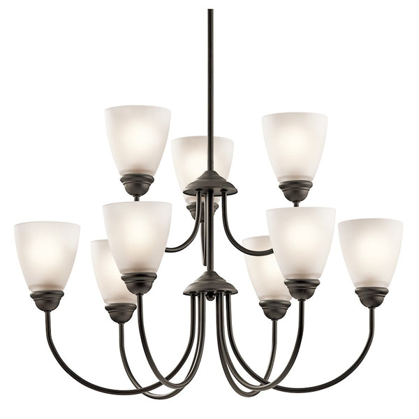 Kichler Jolie 28in 9-Light Chandelier | Transitional Olde Bronze and Satin Etched Glass | Dining Room & Foyer | 28 x 28 in | Model 43639OZ