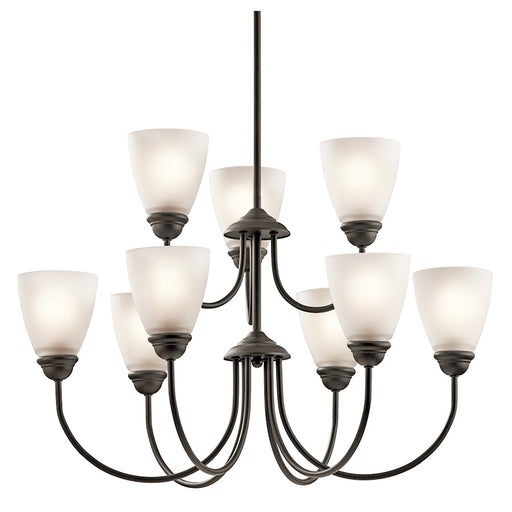 Kichler Jolie 28in 9-Light Chandelier | Transitional Olde Bronze and Satin Etched Glass | Dining Room & Foyer | 28 x 28 in | Model 43639OZ