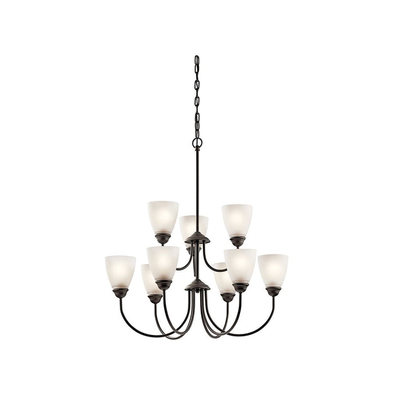 Kichler Jolie 28in 9-Light LED Chandelier | Olde Bronze and Satin Etched Glass | Dining Room & Living Room | 28 x 28 x 28 in | Model 43639OZL18
