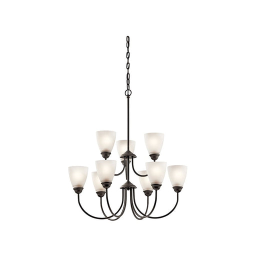 Kichler Jolie 28in 9-Light LED Chandelier | Olde Bronze and Satin Etched Glass | Dining Room & Living Room | 28 x 28 x 28 in | Model 43639OZL18