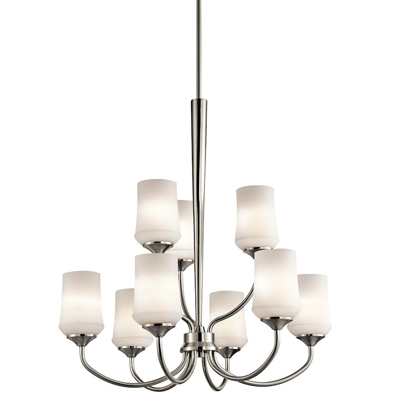 Kichler Aubrey 29in 9-Light Chandelier | Transitional Brushed Nickel and Satin Etched Cased Opal Glass | Dining Room & Living Room | Model 43666NI