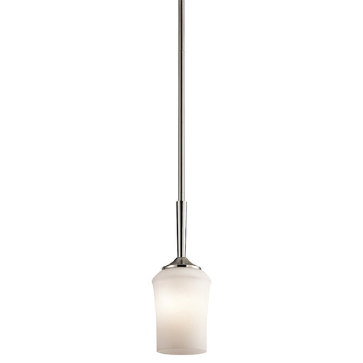 Kichler Aubrey 5in 1-Light Mini Pendant | Transitional Brushed Nickel and Satin Etched Cased Opal Glass | Kitchen Island & Dining | Model 43668NI