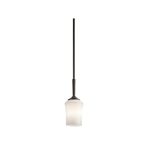 Kichler Aubrey 12.75in 1-Light LED Mini Pendant | Transitional Olde Bronze and Satin Etched Cased Opal Glass | Kitchen Island | Model 43668OZL18