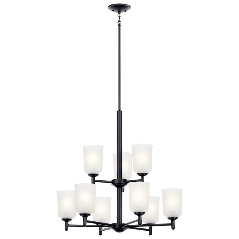 Kichler Shailene 26in 9-Light Chandelier | Traditional Black Steel and Satin Etched Glass | Dining Room & Living Room | Model 43672BK