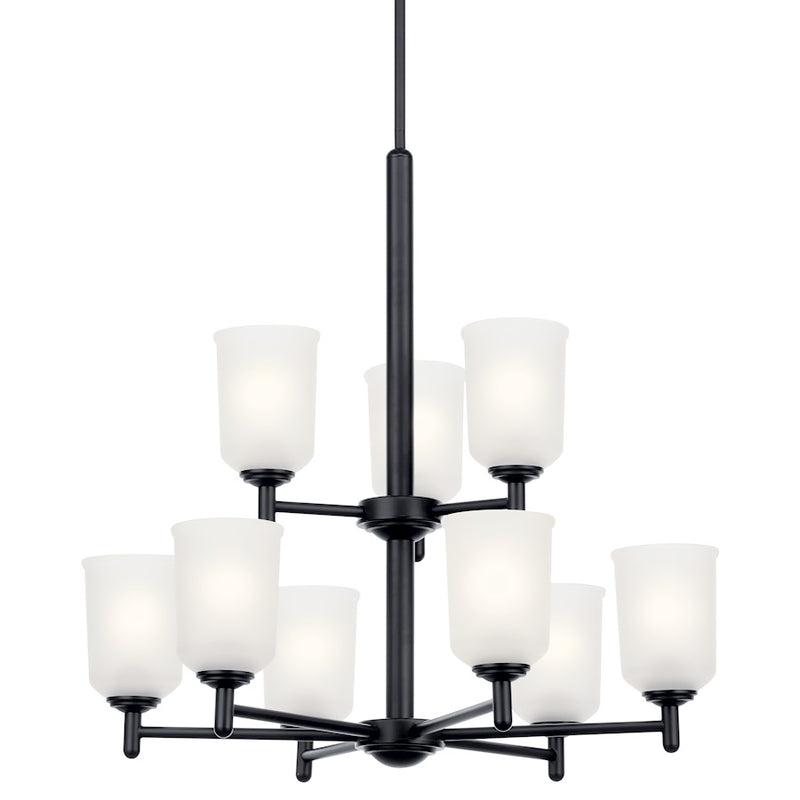 Kichler Shailene 26in 9-Light Chandelier | Traditional Black Steel and Satin Etched Glass | Dining Room & Living Room | Model 43672BK