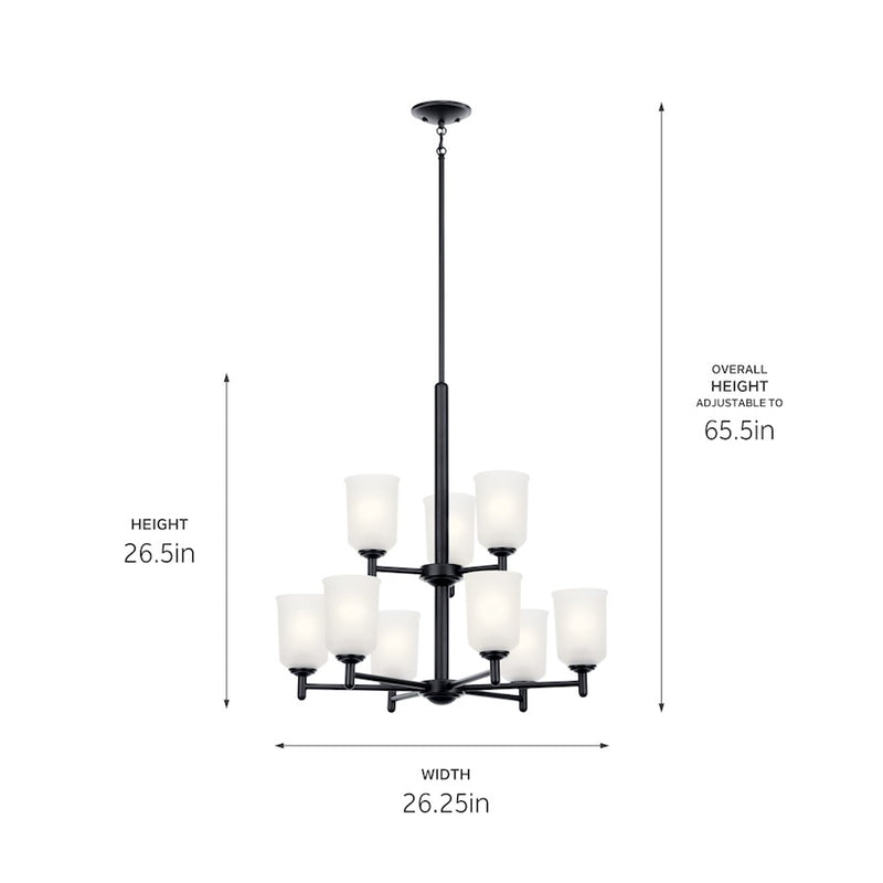Kichler Shailene 26in 9-Light Chandelier | Traditional Black Steel and Satin Etched Glass | Dining Room & Living Room | Model 43672BK