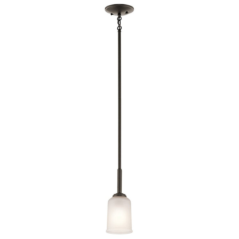 Kichler Shailene 11in 1-Light Mini Pendant | Traditional Natural Brass and Clear Satin Etched Glass | Kitchen Island & Dining Room | Model 43674NBR