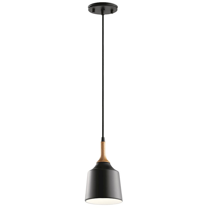 Kichler Danika 9in 1-Light Mini Pendant | Mid-Century Modern Black and Wood Accent | Kitchen Island & Dining Nook | 5.25 x 9.25 in | Model 43682BK