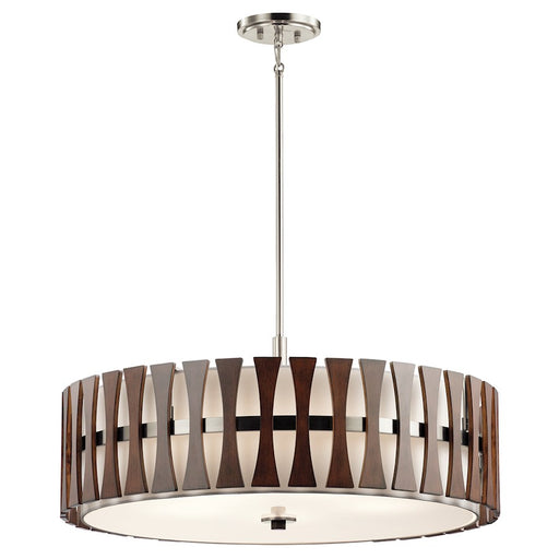 Kichler Cirus 30in 5-Light Convertible Pendant/Semi-Flush | Mid-Century Modern Auburn Stained Wood and White Linen | Kitchen Island | Model 43754AUB
