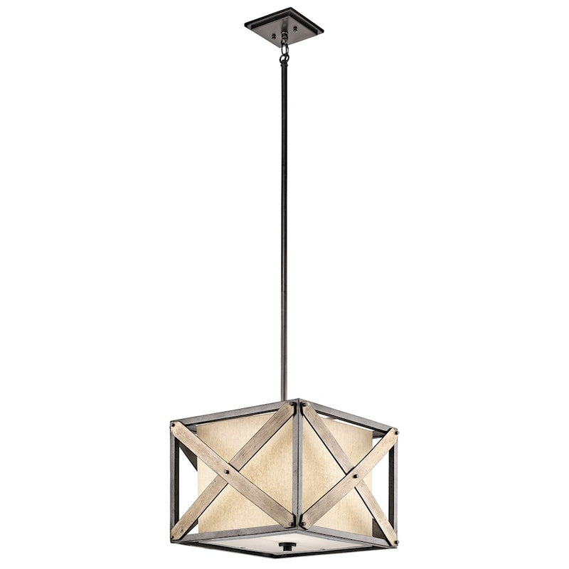 Kichler Cahoon 16in 1-Light Convertible Pendant/Semi-Flush | Rustic Anvil Iron and Beige Linen | Kitchen Island & Dining Room | Model 43775AVI
