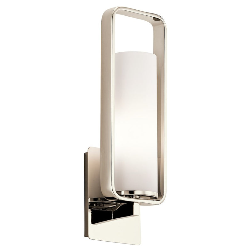 Kichler City Loft 1-Light Wall Sconce | Polished Nickel & White Opal Etched Glass | Living Room & Hallway | 5.5 x 17.25 in, Damp Rated | Model 43787PN