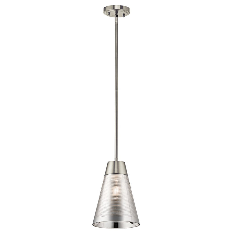Kichler Rowland 8in 1-Light Mini Pendant | Contemporary Brushed Nickel Steel and Striated Mirrored Glass | Kitchen Island & Dining | Model 43792NI