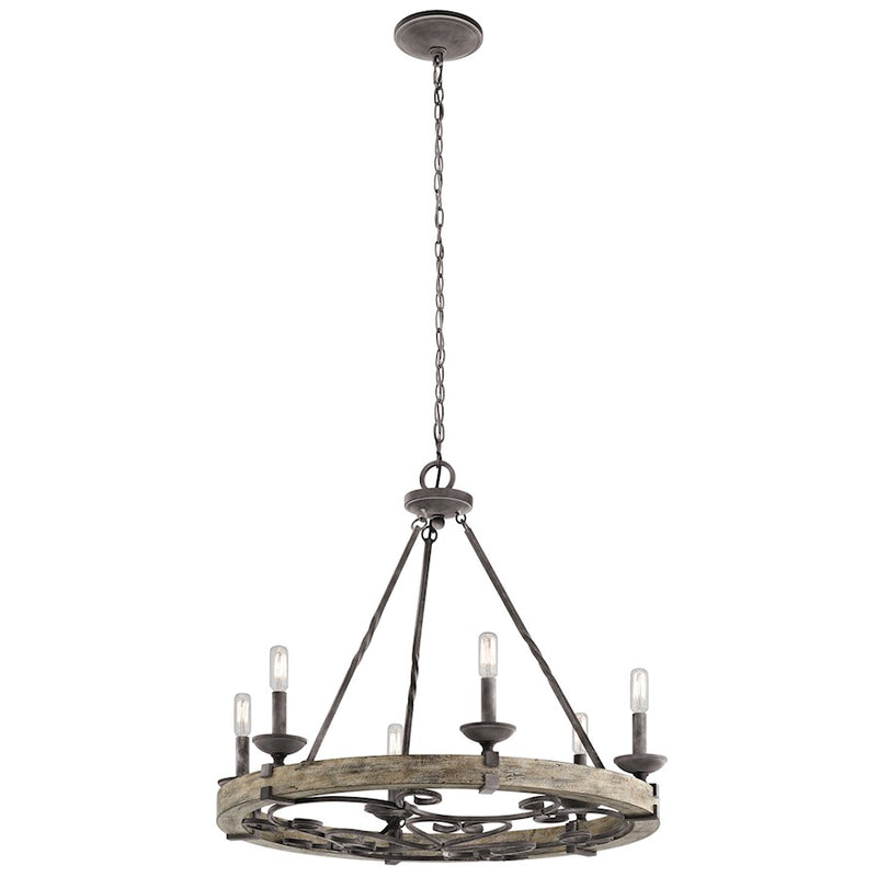 Kichler Taulbee 28in 6-Light Chandelier | Lodge Weathered Zinc and Weathered Grey Wood | Dining Room & Living Room | 28 x 26 in | Model 43823WZC