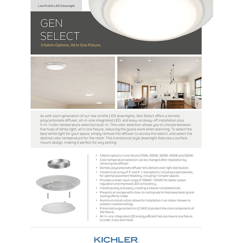Kichler Gen Select 7in 1-Light LED Downlight | White Aluminum Surface Mount | Kitchen & Bathroom | 1.35 x 7.38 in | Model 43849WH5CCT