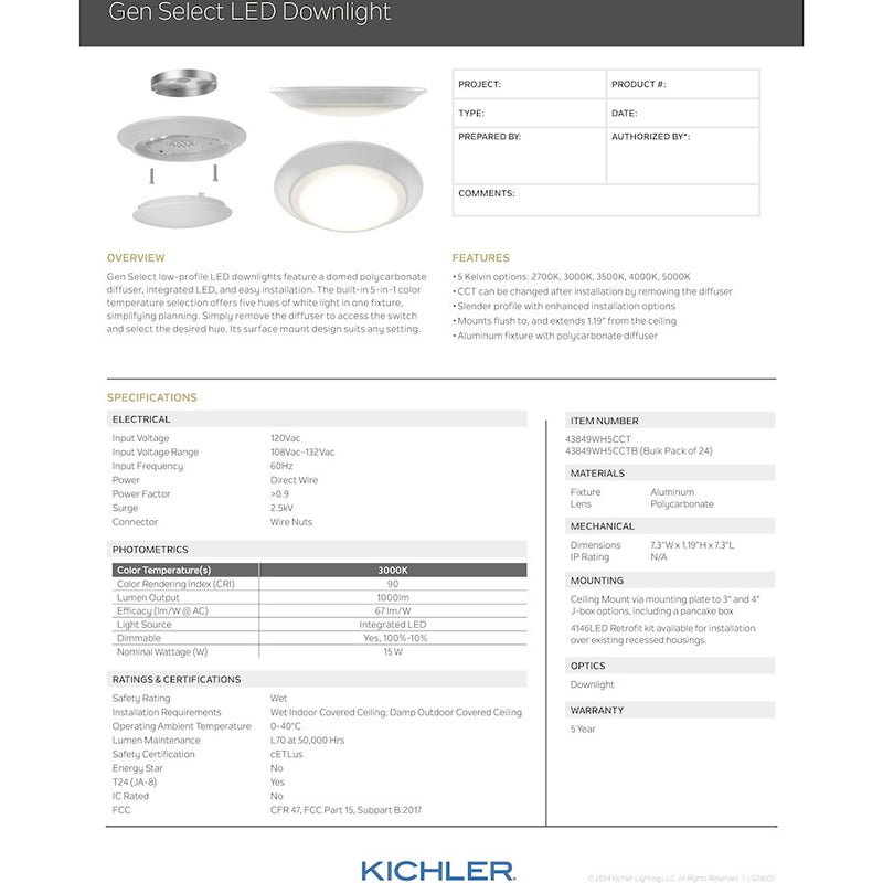 Kichler Gen Select 7in 1-Light LED Downlight | White Aluminum Surface Mount | Kitchen & Bathroom | 1.35 x 7.38 in | Model 43849WH5CCT