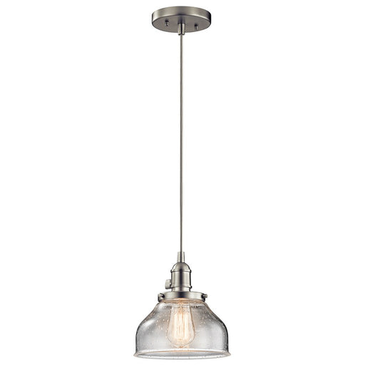 Kichler Avery 8in 1-Light Mini Pendant | Transitional Brushed Nickel and Clear Seeded Glass | Kitchen Island & Dining Room | Model 43850NI