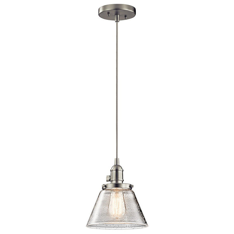 Kichler Avery 8in 1-Light Mini Pendant | Brushed Nickel and Clear Seeded Glass | Kitchen Island | 8 x 9 in | Model 43851NI