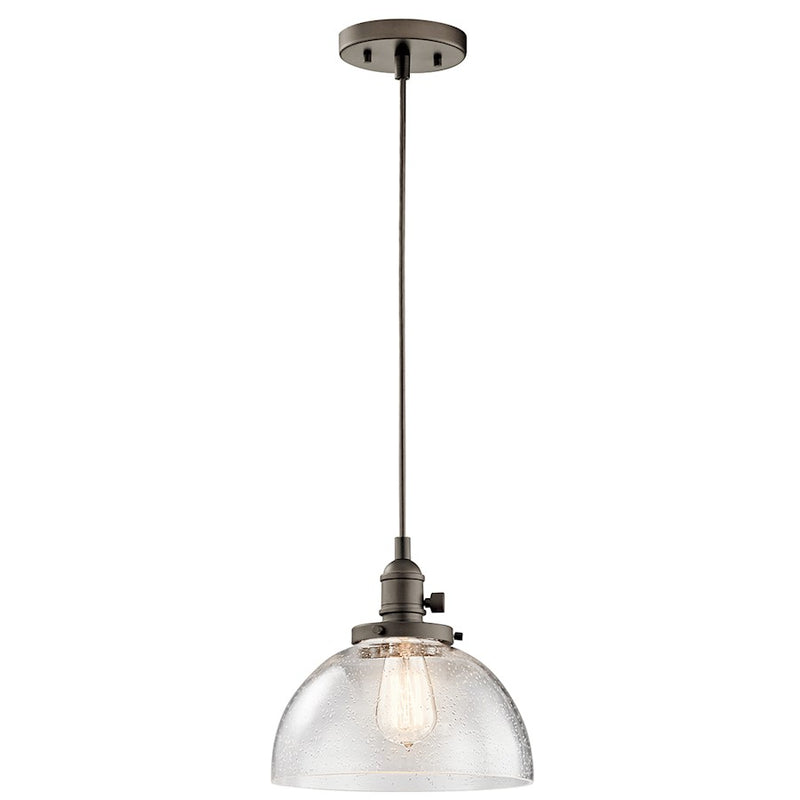 Kichler Avery 10in 1-Light Mini Pendant | Transitional Olde Bronze and Clear Seeded Glass | Kitchen Island & Dining Room | Model 43853OZ