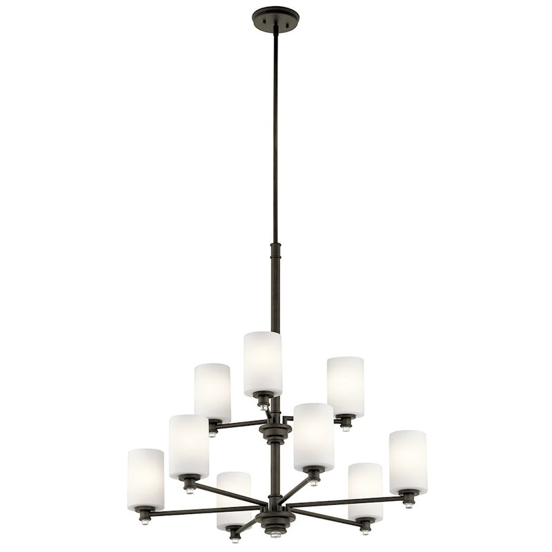 Kichler Joelson 32in 9-Light Chandelier | Transitional Olde Bronze and Satin Etched Cased Opal Glass | Dining Room & Living Room | Model 43924OZ