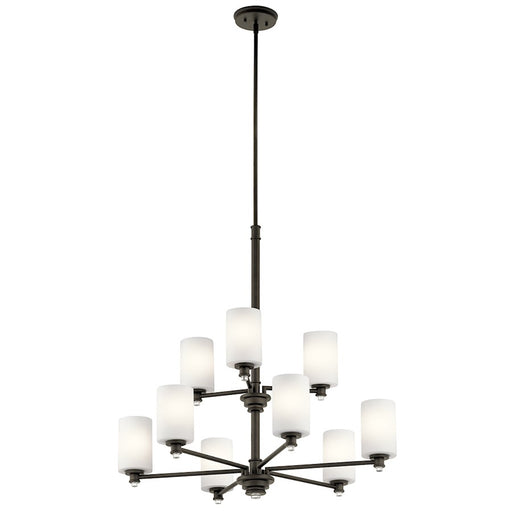 Kichler Joelson 32in 9-Light Chandelier | Transitional Olde Bronze and Satin Etched Cased Opal Glass | Dining Room & Living Room | Model 43924OZ