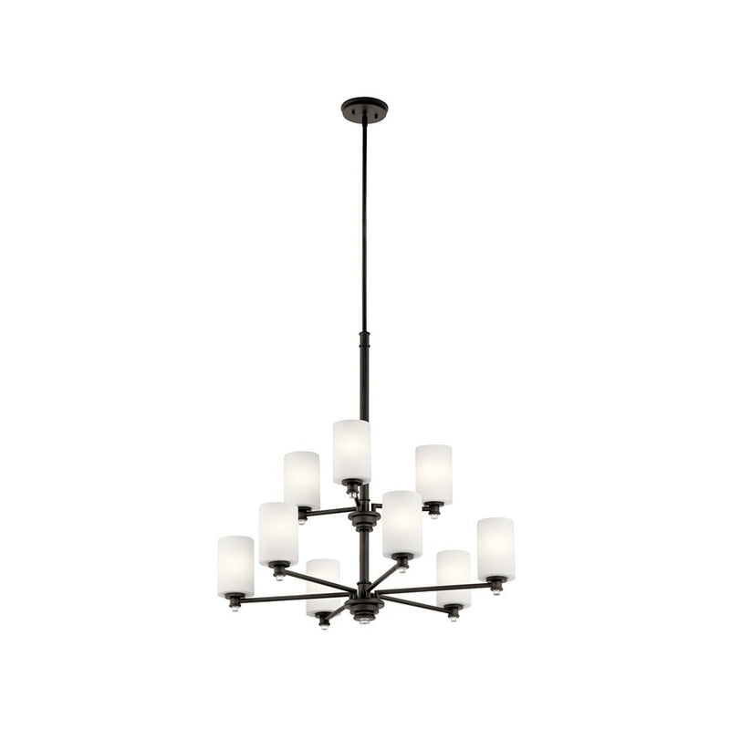 Kichler Joelson 32in 9-Light LED Chandelier | Transitional Olde Bronze and Satin Etched Cased Opal Glass | Dining Room & Living | Model 43924OZL18