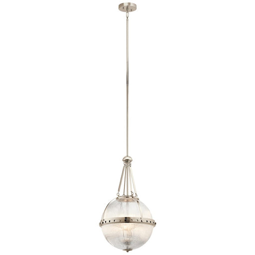 Kichler Aster 15in 3-Light Pendant | Transitional Polished Nickel and Clear Ribbed Halophane Glass | Kitchen Island & Dining Room | Model 43968PN