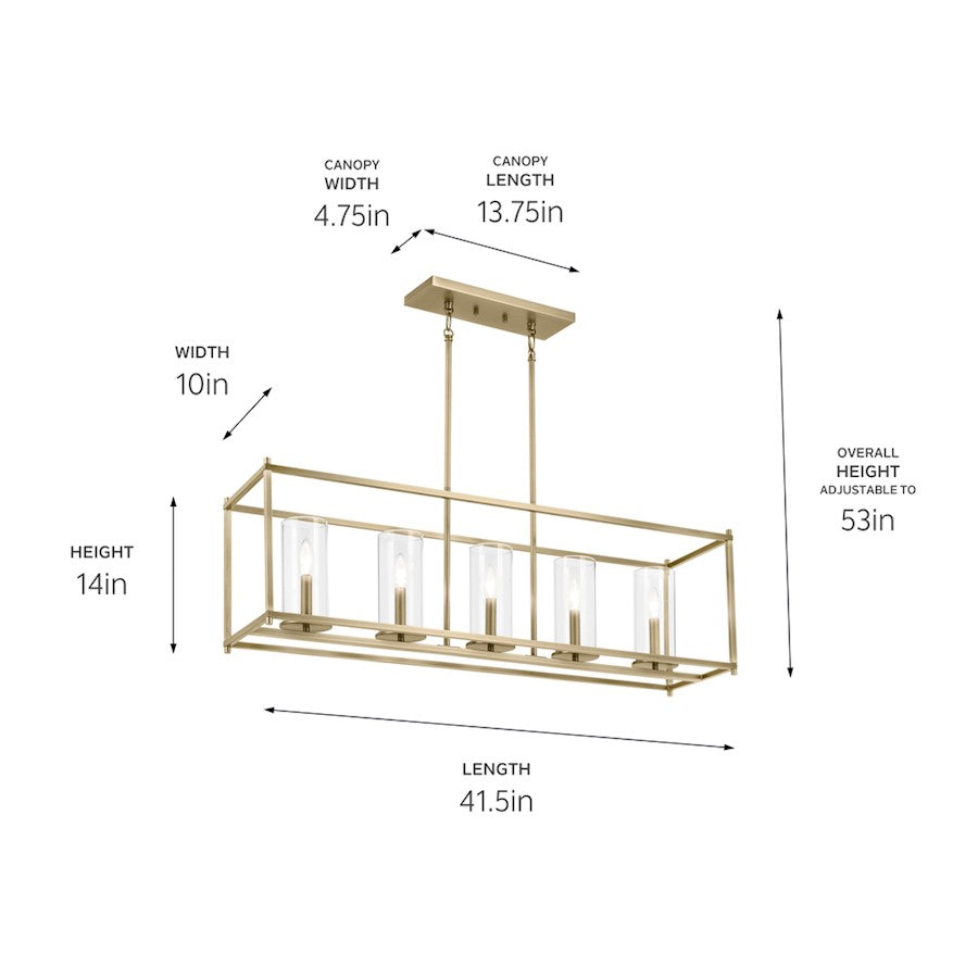 Kichler Crosby 5 Light Rectangle 13.5" Chandelier Single Brass/Clear