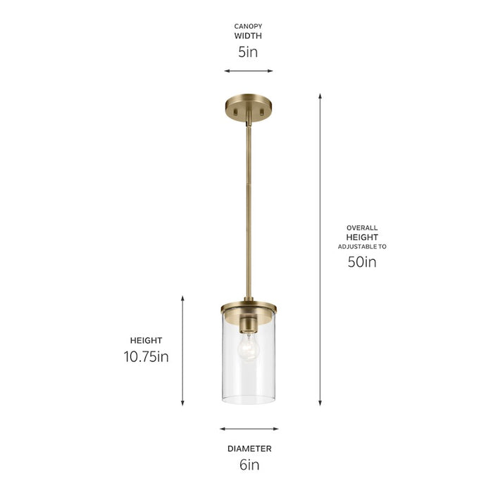 Kichler Crosby 1 Light Cylinder 10.75" Mini Pendant, Brass/Clear