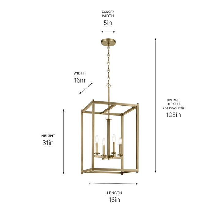 Kichler Crosby 4 Light Square 31" Foyer Pendant, Natural Brass/Clear