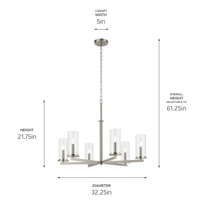 Kichler Crosby 6Lt Round 21.75" Chandelier 1 Tier Large, Nickel/Clear